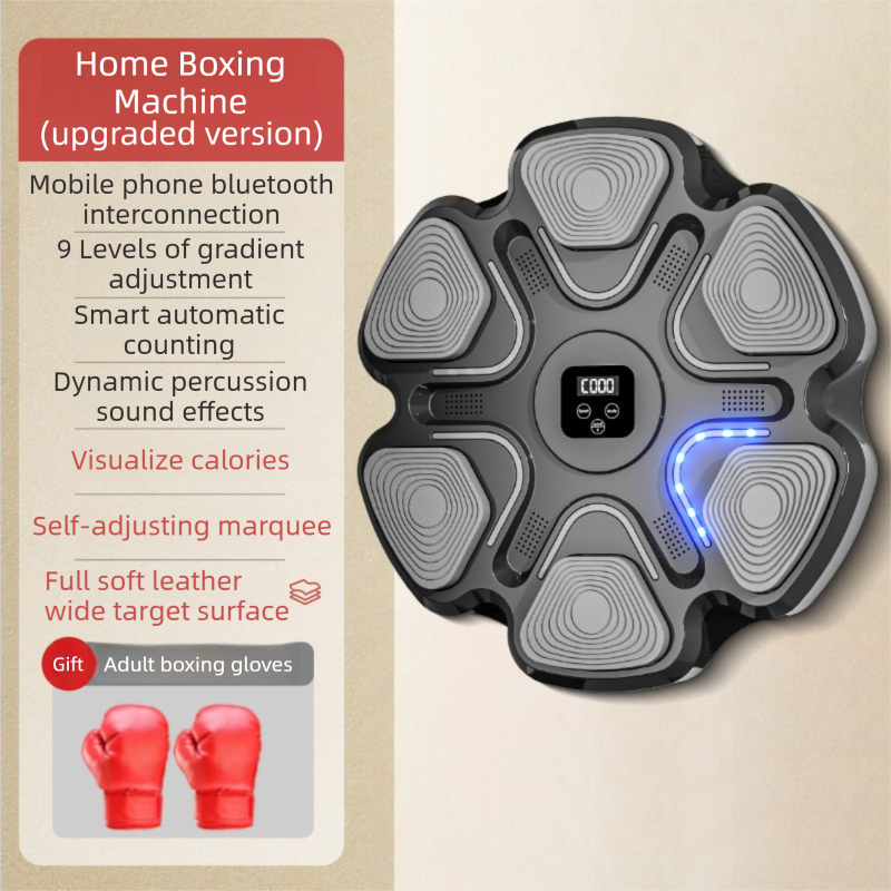 Black 6-Target Sensor Smart Bluetooth Music Boxing Kit with Adult Gloves - Electronic Wall Punch Pad, Drill-Free & Detachable, Screen Counter, USB Rechargeable