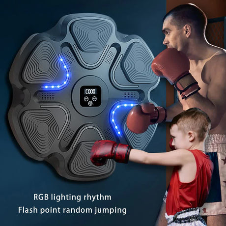 Black 6-Target Sensor Smart Bluetooth Music Boxing Kit with Adult Gloves - Electronic Wall Punch Pad, Drill-Free & Detachable, Screen Counter, USB Rechargeable