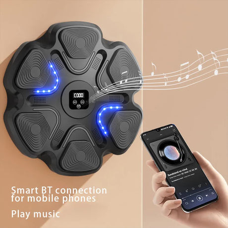 Black 6-Target Sensor Smart Bluetooth Music Boxing Kit with Parent-Child Gloves - Electronic Wall Punch Pad, Drill-Free & Detachable, Screen Counter, USB Rechargeable