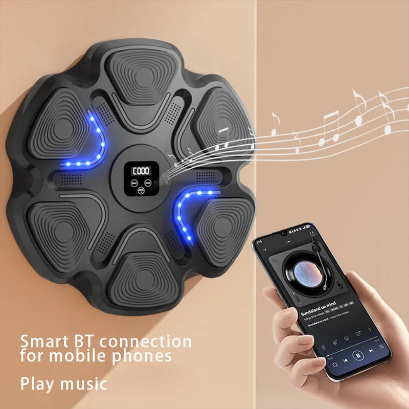 Black 6-Target Sensor Smart Bluetooth Music Boxing Kit with Parent-Child Gloves - Electronic Wall Punch Pad, Drill-Free & Detachable, Screen Counter, USB Rechargeable