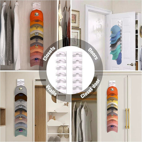 2-Pack 10-Tier White Wall-Mounted Hat Rack with Installation Accessories - Space-Saving Plastic Baseball Cap and Other Hat Organizers