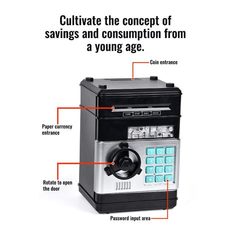 2-Piece Black Smart ATM Piggy Banks - Kids Electronic Money Safe with Password Lock & Auto-Roll in/out Feature