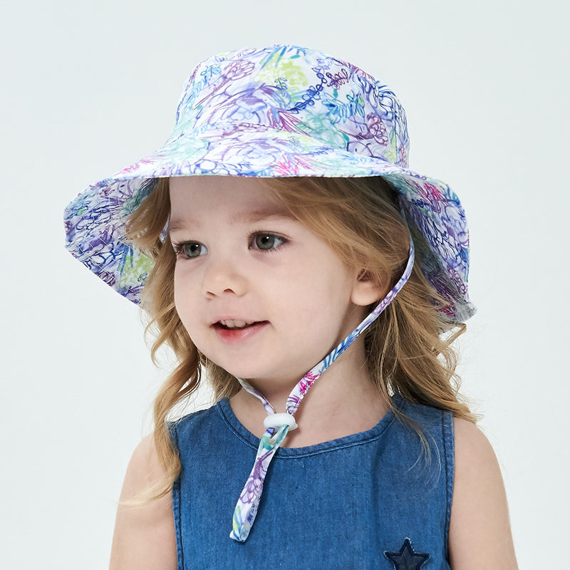 2-Pack Purple Flower Pattern Kids Sun Hat and Travel Beach Fisherman Cap(S Size for Head Circumference 48-50) - Breathable UV Protection Cap