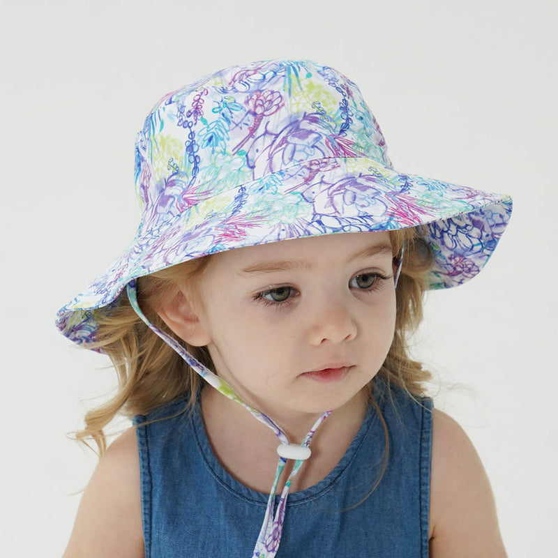 2-Pack Purple Flower Pattern Kids Sun Hat and Travel Beach Fisherman Cap(S Size for Head Circumference 48-50) - Breathable UV Protection Cap