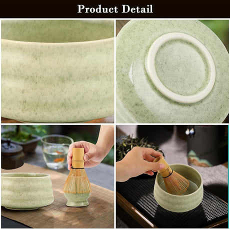 Black Ceremony 4-Piece Matcha Ceramic Tool Set - Gift Box with Whisk (Chasen), Whisk Holder (Chasen Kuse-Naoshi), Bowl, and Scoop