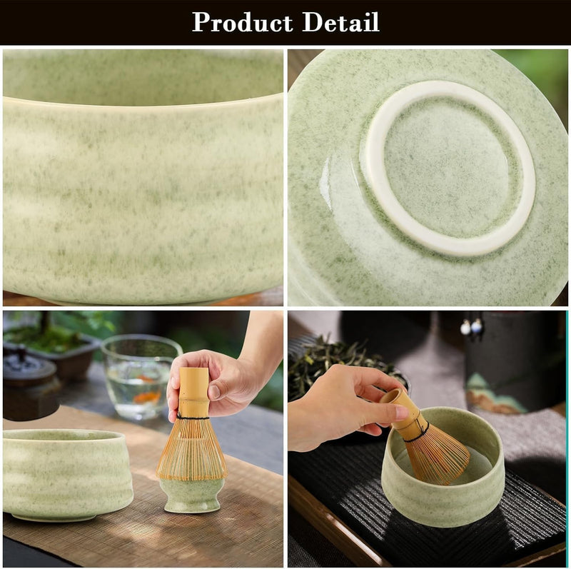 Black Ceremony 4-Piece Matcha Ceramic Tool Set - Gift Box with Whisk (Chasen), Whisk Holder (Chasen Kuse-Naoshi), Bowl, and Scoop