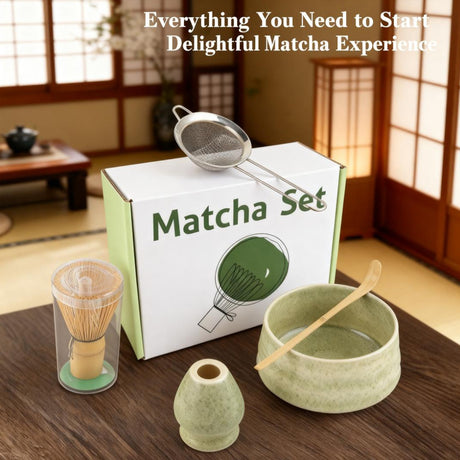 Black Ceremony 4-Piece Matcha Ceramic Tool Set - Gift Box with Whisk (Chasen), Whisk Holder (Chasen Kuse-Naoshi), Bowl, and Scoop