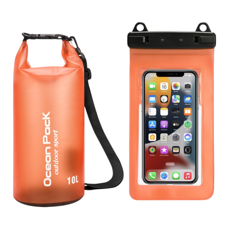 Orange 10L PVC Waterproof Swimming Bag Bonus with Waterproof Phone Pouch - Roll-Top Floating Dry Gear Bags for Beach, Kayaking & Outdoor Sports