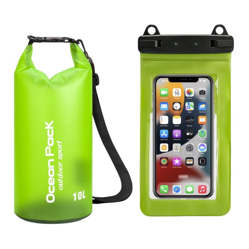 Light Green 10L PVC Waterproof Swimming Bag Bonus with Waterproof Phone Pouch - Roll-Top Floating Dry Gear Bags for Beach, Kayaking & Outdoor Sports