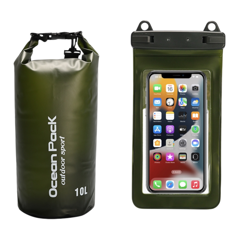 Dark Green 10L PVC Waterproof Swimming Bag Bonus with Waterproof Phone Pouch - Roll-Top Floating Dry Gear Bags for Beach, Kayaking & Outdoor Sports
