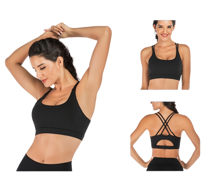 M Size Black Elegant Sexy Criss-Cross Back Sports Bra for Women - High Support & Anti-Shock, Wire-Free Yoga Crop Top with X-Shape Fine Strap
