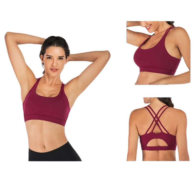 M Size Wine Red Elegant Sexy Criss-Cross Back Sports Bra for Women - High Support & Anti-Shock, Wire-Free Yoga Crop Top with X-Shape Fine Strap