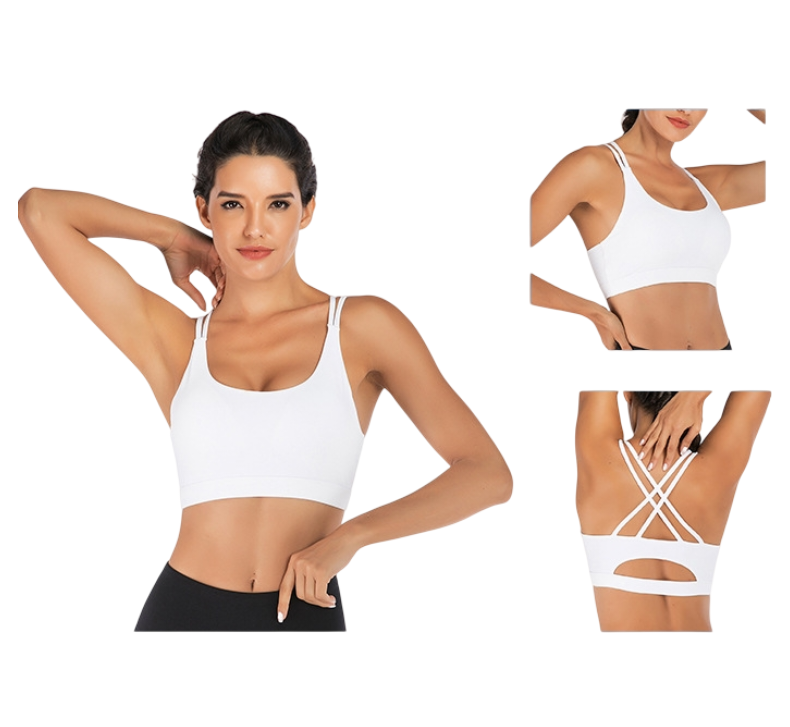 L Size White Elegant Sexy Criss-Cross Back Sports Bra for Women - High Support & Anti-Shock, Wire-Free Yoga Crop Top with X-Shape Fine Strap