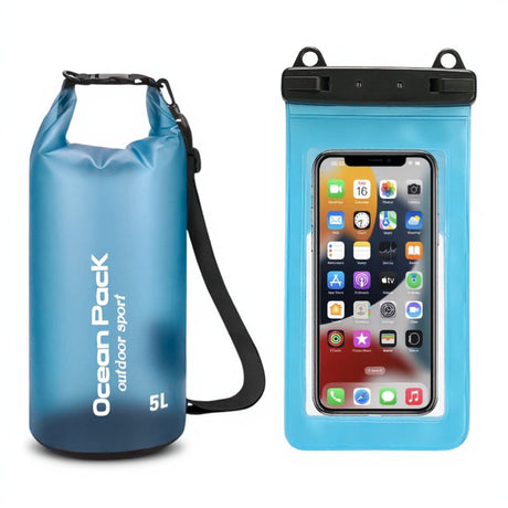 Blue 5L PVC Waterproof Swimming Bag Bonus with Waterproof Phone Pouch - Roll-Top Floating Dry Gear Bags for Beach, Kayaking & Outdoor Sports