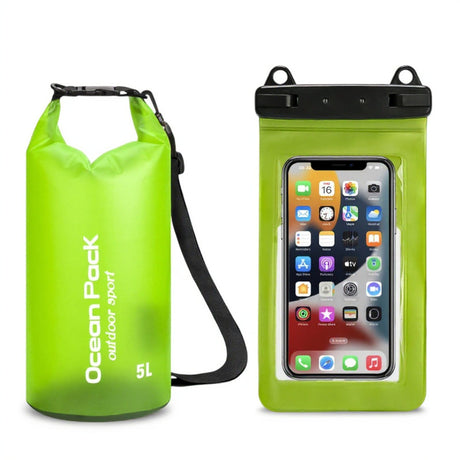 Light Green 5L PVC Waterproof Swimming Bag Bonus with Waterproof Phone Pouch - Roll-Top Floating Dry Gear Bags for Beach, Kayaking & Outdoor Sports