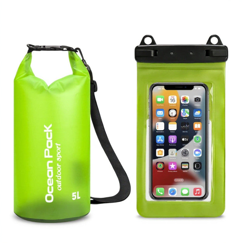 Light Green 5L PVC Waterproof Swimming Bag Bonus with Waterproof Phone Pouch - Roll-Top Floating Dry Gear Bags for Beach, Kayaking & Outdoor Sports