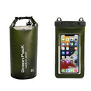Dark Green 5L PVC Waterproof Swimming Bag Bonus with Waterproof Phone Pouch - Roll-Top Floating Dry Gear Bags for Beach, Kayaking & Outdoor Sports
