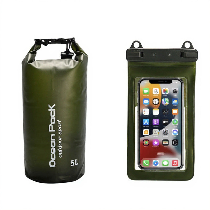 Dark Green 5L PVC Waterproof Swimming Bag Bonus with Waterproof Phone Pouch - Roll-Top Floating Dry Gear Bags for Beach, Kayaking & Outdoor Sports