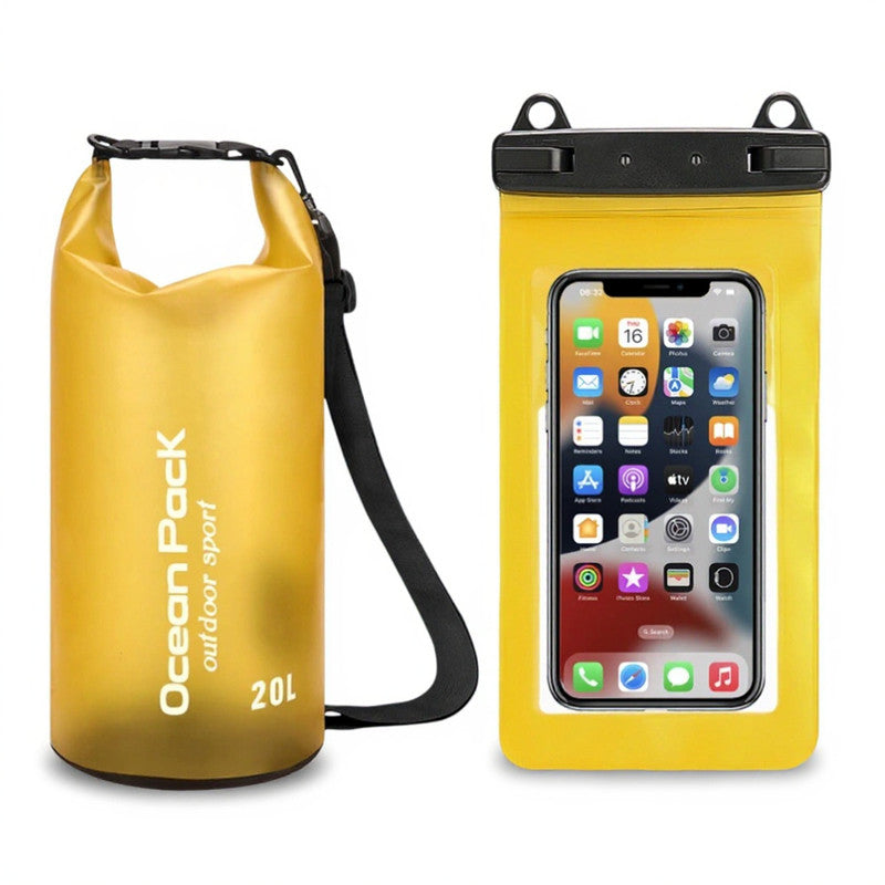 Yellow 20L PVC Waterproof Swimming Bag Bonus with Waterproof Phone Pouch - Roll-Top Floating Dry Gear Bags for Beach, Kayaking & Outdoor Sports
