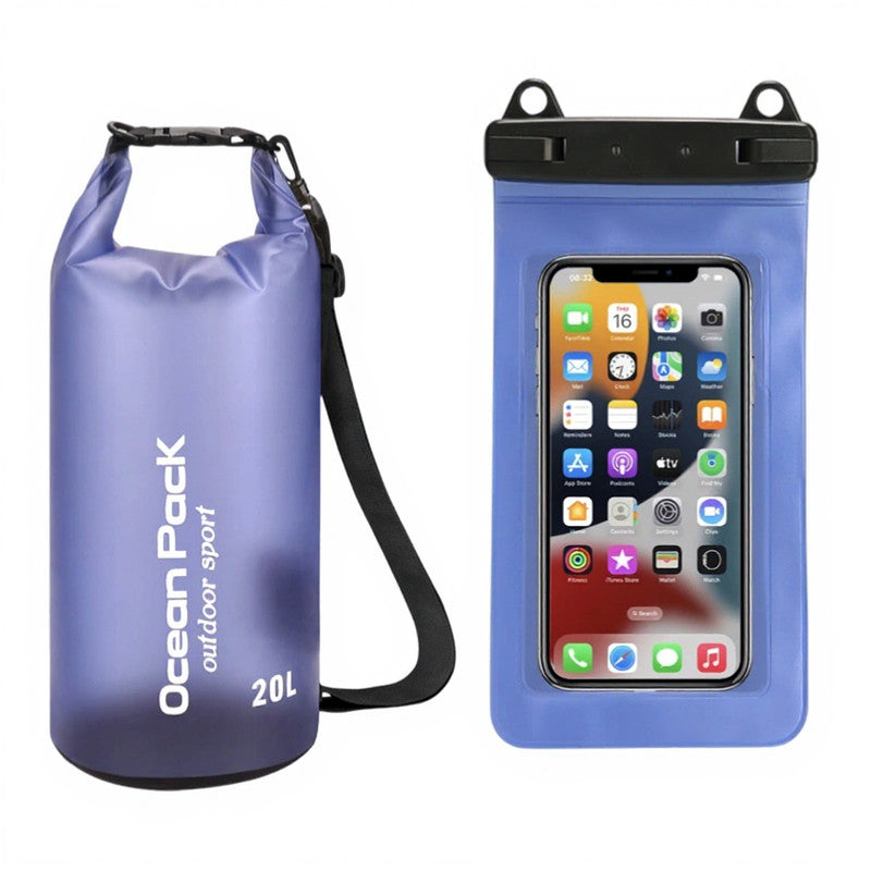 Blue Purple 20L PVC Waterproof Swimming Bag Bonus with Waterproof Phone Pouch - Roll-Top Floating Dry Gear Bags for Beach, Kayaking & Outdoor Sports