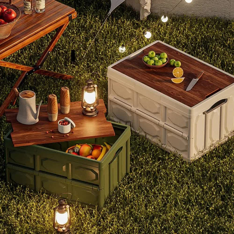 Black Collapsible Medium Standard Storage Box with Wooden Table Top(42x28x23CM) - Car Trunk Organiser for Australian Camping & Home Use