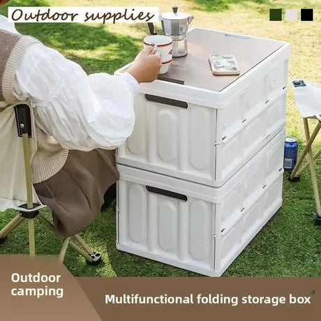 Black Collapsible Medium Side-Open Storage Box with Wooden Table Top(42x28x23CM) - Car Trunk Organiser for Australian Camping & Home Use