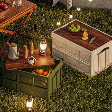 Black Collapsible Medium Side-Open Handle Storage Box with Wooden Table Top(42x28x23CM) - Car Trunk Organiser for Australian Camping & Home Use