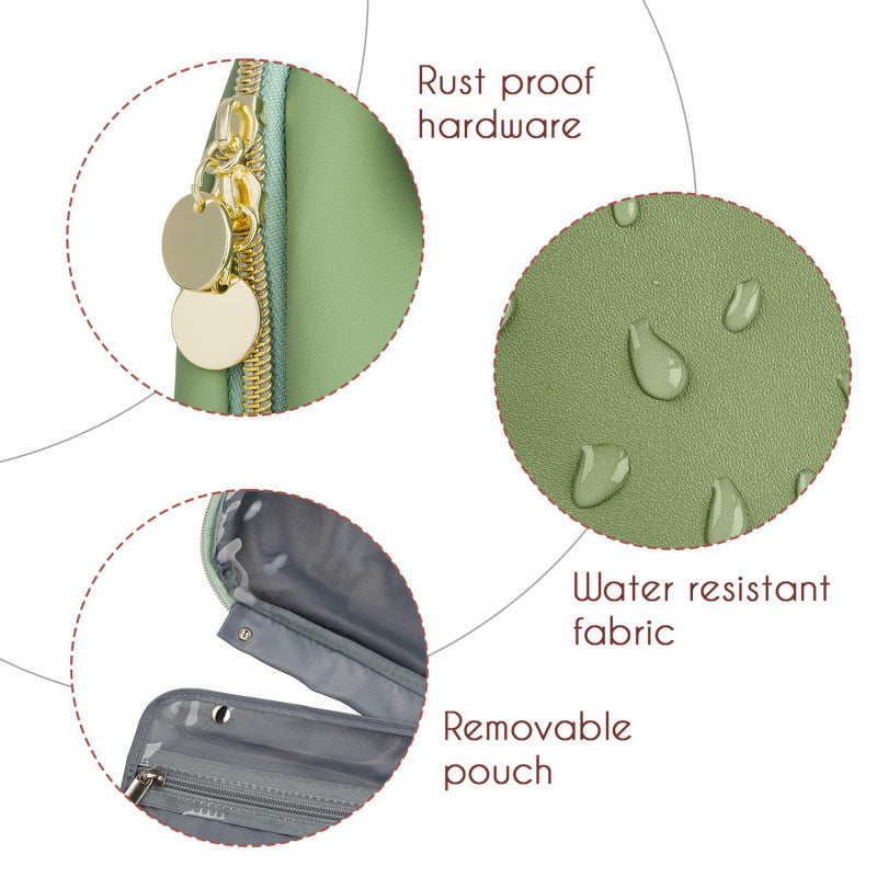 Beige Water-Resistant Travel Toiletry Bag with Hook - Foldable Cosmetic Organizer for Men & Women