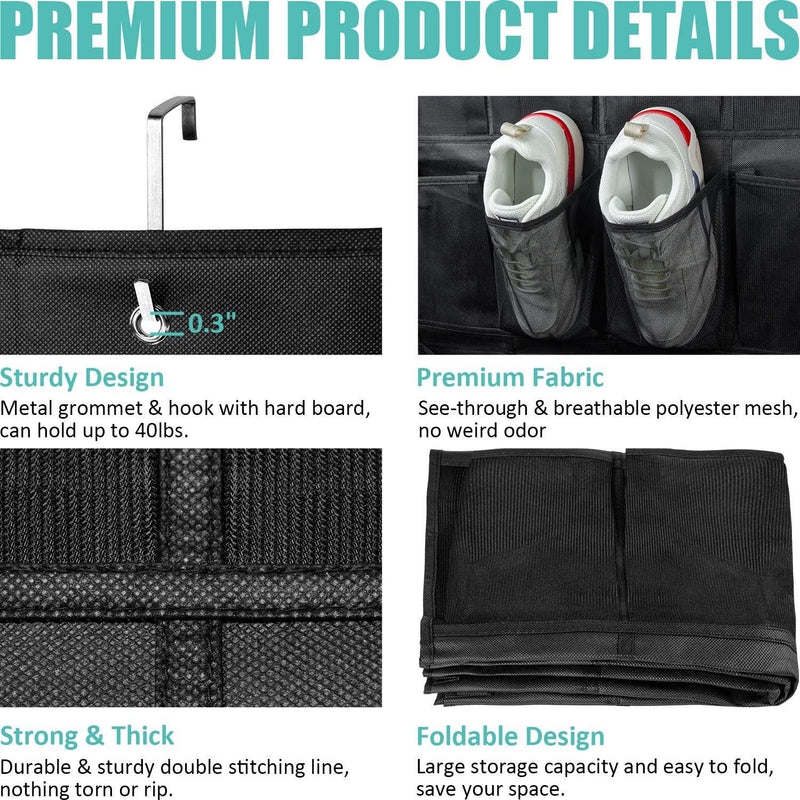 Black 28-Pocket Over-the-Door Shoe Organizer with Breathable Mesh – Wall Hanging Storage Bag for Shoes, Boots, and Accessories