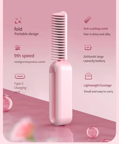 Beige Portable Foldable Cordless Hair Straightener Comb - 2-in-1 Ionic Styling for Smooth, Frizz-Free Hair