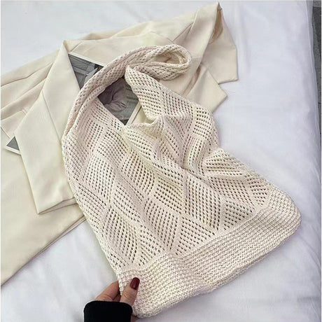 Beige rhombus Bohemian Knit Shoulder Bag - Hand-Woven Crochet Tote for Women