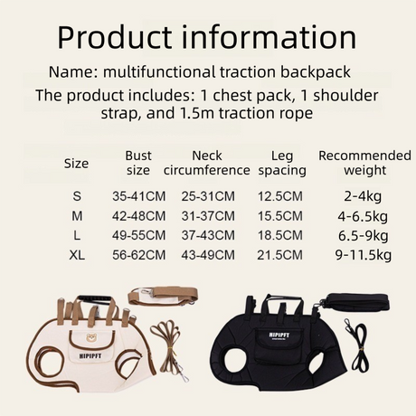Beige 4-in-1 Multi-Functional Pet Carrier Bag with Detachable Strap & 1.5M Traction Rope - Lightweight Breathable Travel Sling for Cats & Dogs - Sizes M(Up to 6.5kg)