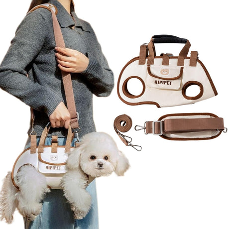 Beige 4-in-1 Multi-Functional Pet Carrier Bag with Detachable Strap & 1.5M Traction Rope - Lightweight Breathable Travel Sling for Cats & Dogs - Sizes XL(Up to 11.5kg)