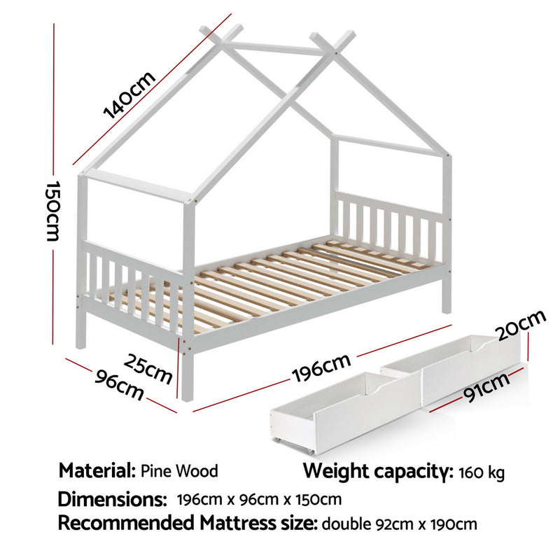 Artiss Bed Frame Wooden Base Kids Single Timber House  with 2 Storage Drawers Beds White