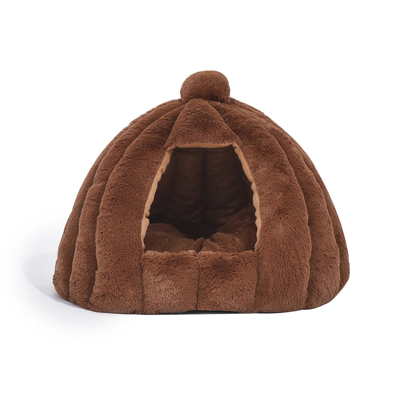 Pet Bed Comfy Kennel Cave Cat Dog Beds Bedding Castle Igloo Nest Brown M