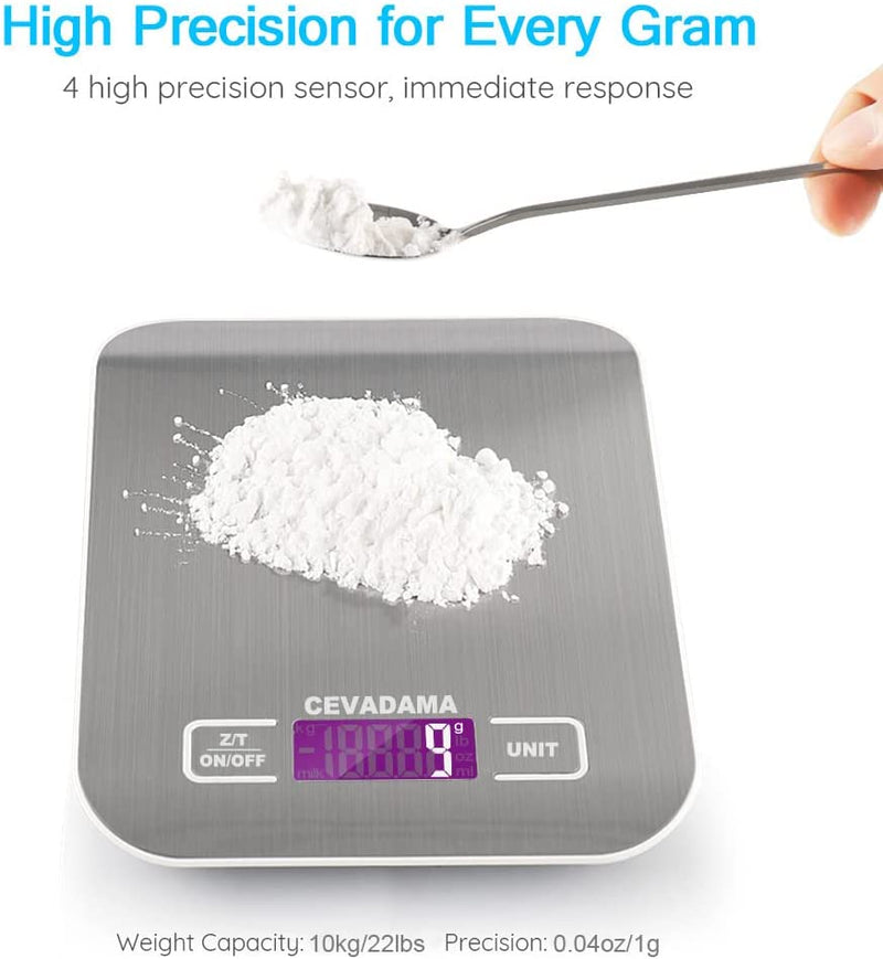 USB Rechargeable Baking Digital Scales 10kg/1g, Kitchen Scale for Food Cooking Coffee, Stainless Steel Anti-Fingerprint with Accuracy LCD Display