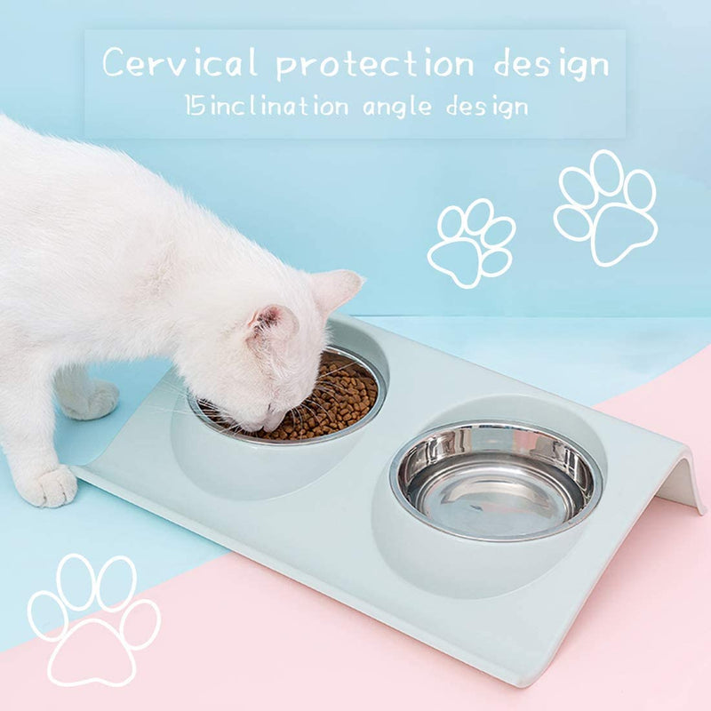 Cat Bowl Cat Food Bowl, Non-Spill Raised Cat Bowl Feeder, Double Stainless Steel Dog Bowsl, Removable / 15° Tilt Design / Easy to Clean Gift for Pet Cats and Puppies Blue
