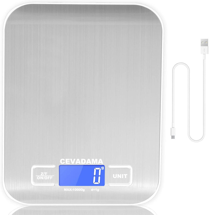 USB Rechargeable Baking Digital Scales 10kg/1g, Kitchen Scale for Food Cooking Coffee, Stainless Steel Anti-Fingerprint with Accuracy LCD Display