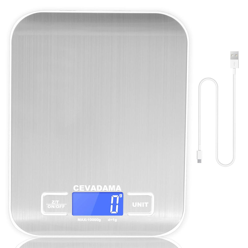 USB Rechargeable Baking Digital Scales 10kg/1g, Kitchen Scale for Food Cooking Coffee, Stainless Steel Anti-Fingerprint with Accuracy LCD Display