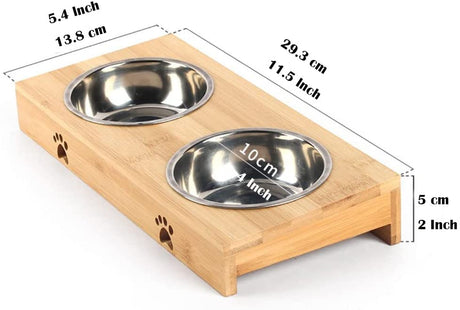 Raised Pet Bowls for Cats and Small Dogs, Bamboo Elevated Dog Cat Food and Water Bowls Stand Feeder with 2 Stainless Steel Bowls