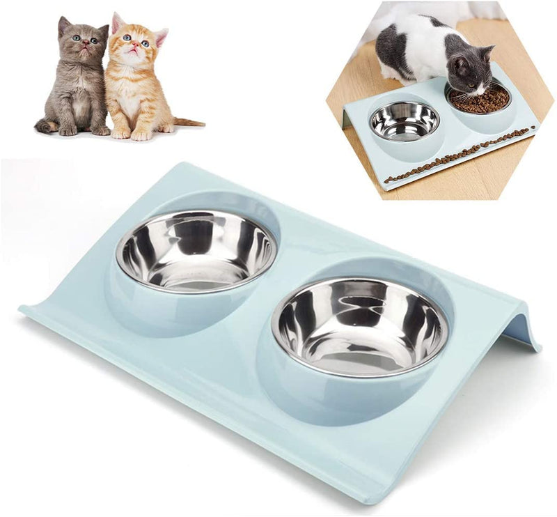 Cat Bowl Cat Food Bowl, Non-Spill Raised Cat Bowl Feeder, Double Stainless Steel Dog Bowsl, Removable / 15° Tilt Design / Easy to Clean Gift for Pet Cats and Puppies Blue