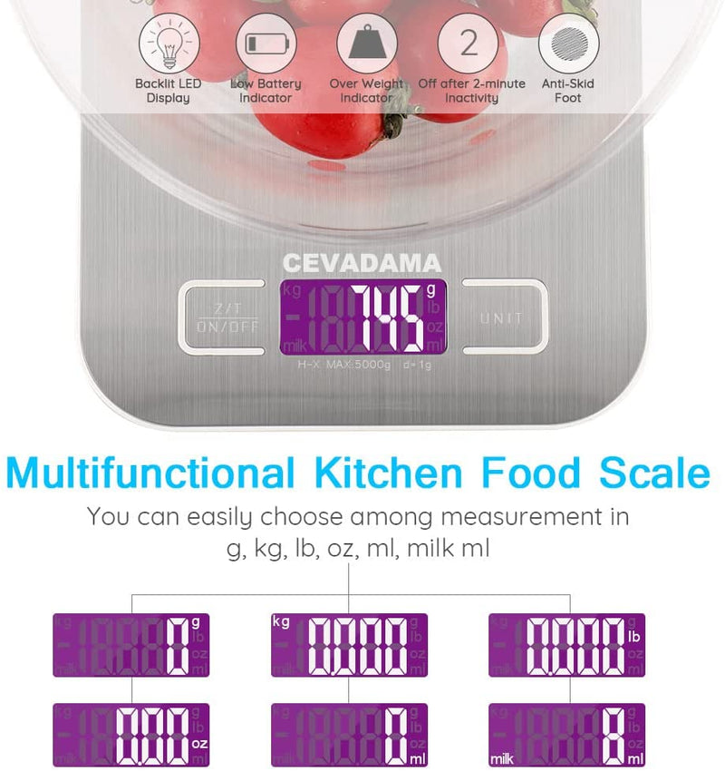 USB Rechargeable Baking Digital Scales 10kg/1g, Kitchen Scale for Food Cooking Coffee, Stainless Steel Anti-Fingerprint with Accuracy LCD Display