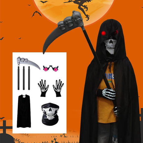 5 Pieces Grim Reaper Costume,Halloween Black Hooded Cape with Scythe, Grim Glasses, Skull Mask, Skeleton Gloves Grim Reaper Party Costumes for Halloween Party Fancy Dress