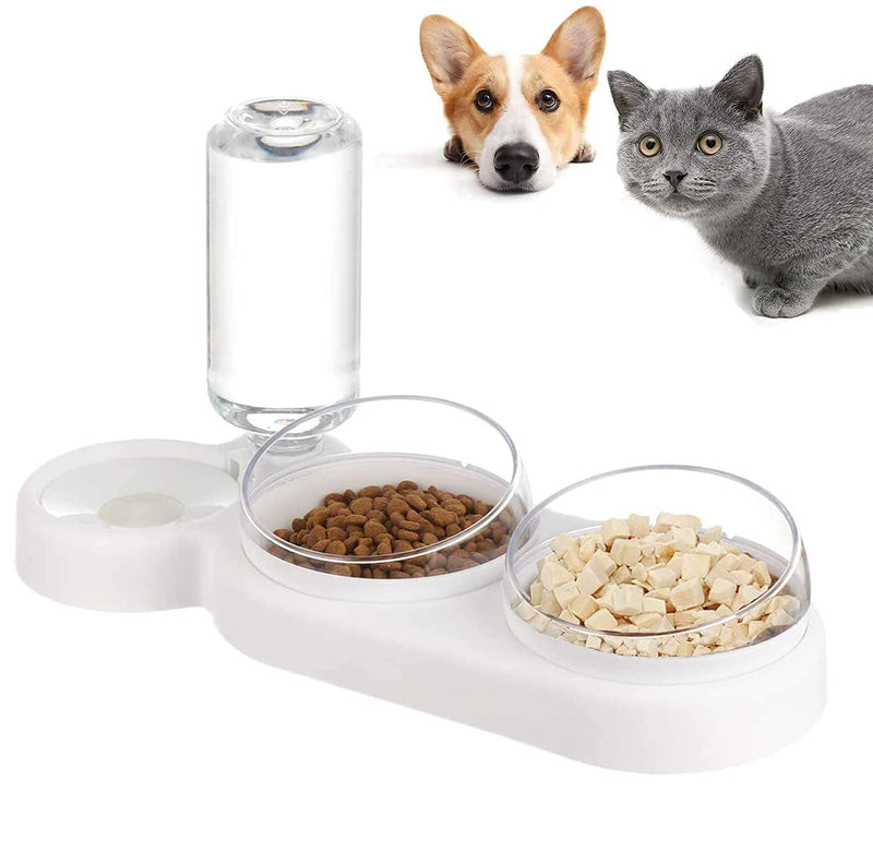 auvstar Tilted Cat Bowls Cat Water Bowl,3in1 Cat Wet and dry food bowl Set,Pet Feeding Plastic Bowl,Pets Cats Dogs Automatic Waterer and Food Feeder,15° Anti Vomiting Elevated Cat Bowls Tilted (White)