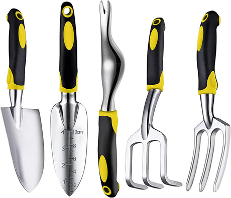 Garden Tools Set, 5 Piece Heavy Duty Aluminum Gardening Tools kit，Non-Slip Rubber Grip Gardening Tools for Man, Women (Yellow)