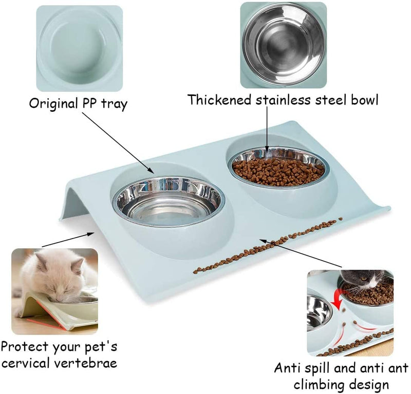 Cat Bowl Cat Food Bowl, Non-Spill Raised Cat Bowl Feeder, Double Stainless Steel Dog Bowsl, Removable / 15° Tilt Design / Easy to Clean Gift for Pet Cats and Puppies Blue