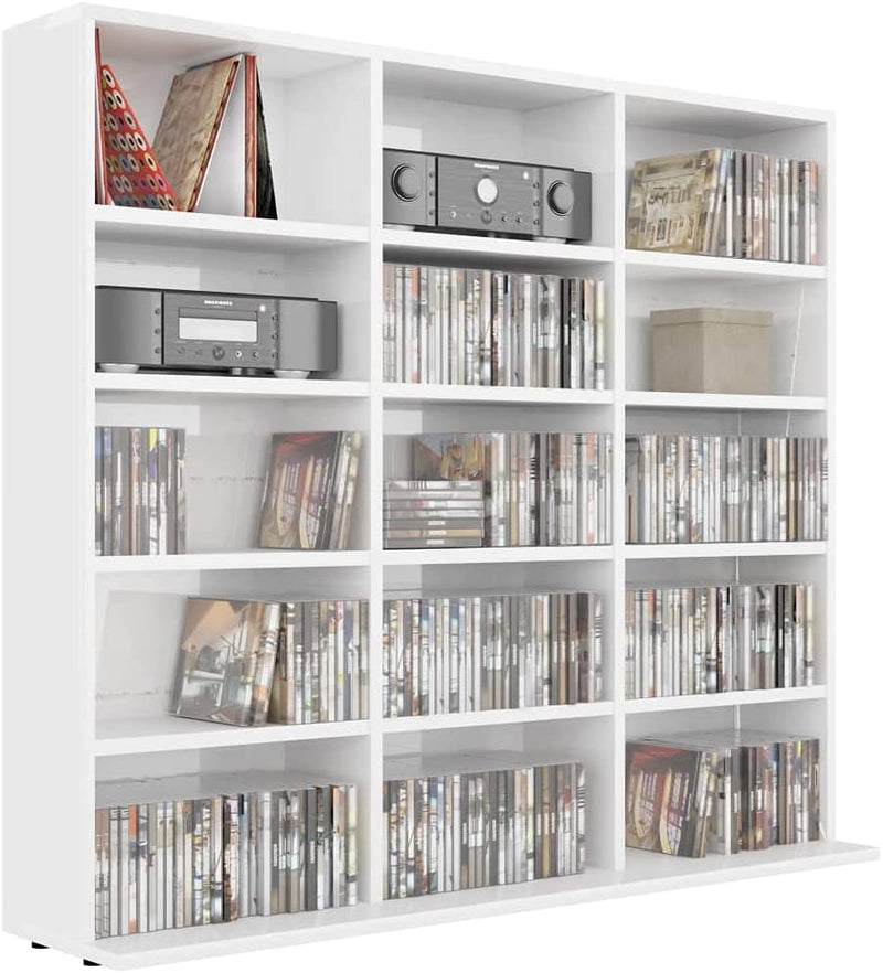 CD Cabinet Storage Rack Display Shelf Bookshelf Bookcase Stand Book Multimedia DVD Organiser Living Room Chipboard High Gloss White 102 x 23 x 89,5 cm High gloss white