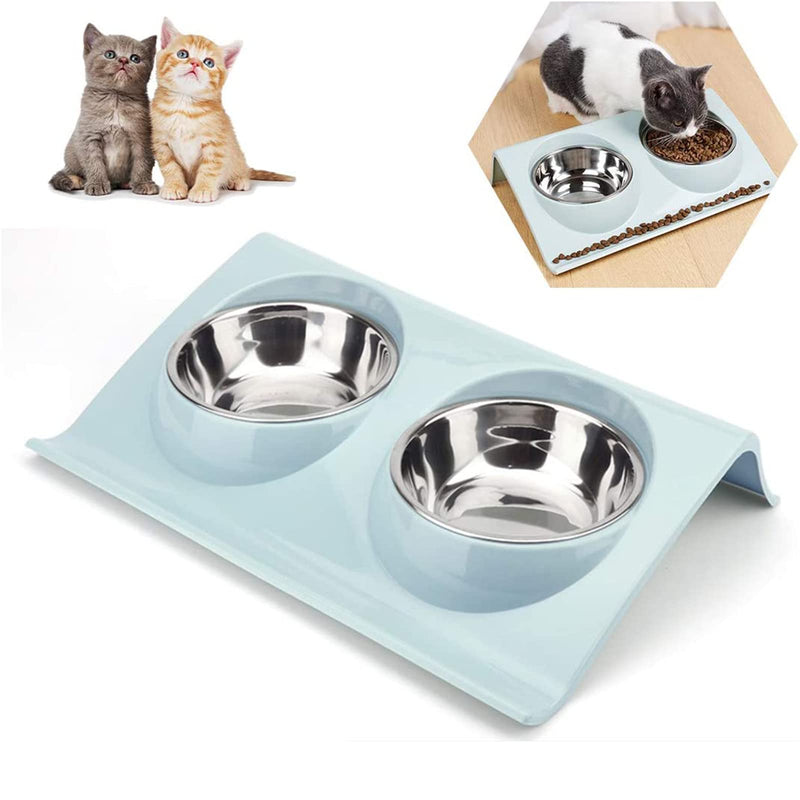 Cat Bowl Cat Food Bowl, Non-Spill Raised Cat Bowl Feeder, Double Stainless Steel Dog Bowsl, Removable / 15° Tilt Design / Easy to Clean Gift for Pet Cats and Puppies Blue