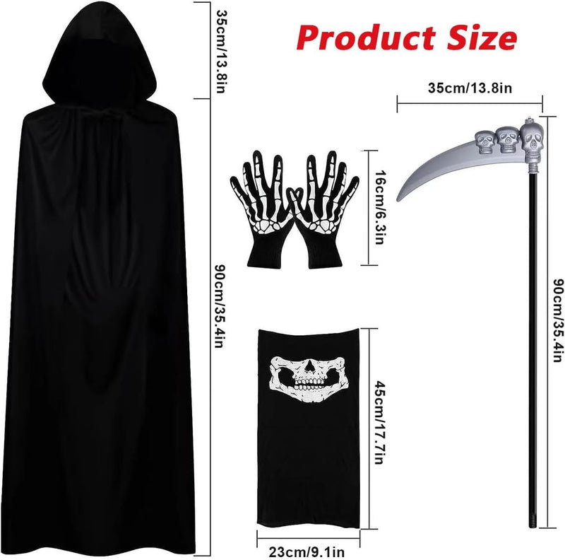 5 Pieces Grim Reaper Costume,Halloween Black Hooded Cape with Scythe, Grim Glasses, Skull Mask, Skeleton Gloves Grim Reaper Party Costumes for Halloween Party Fancy Dress