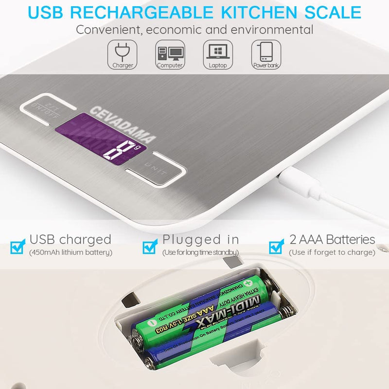 USB Rechargeable Baking Digital Scales 10kg/1g, Kitchen Scale for Food Cooking Coffee, Stainless Steel Anti-Fingerprint with Accuracy LCD Display
